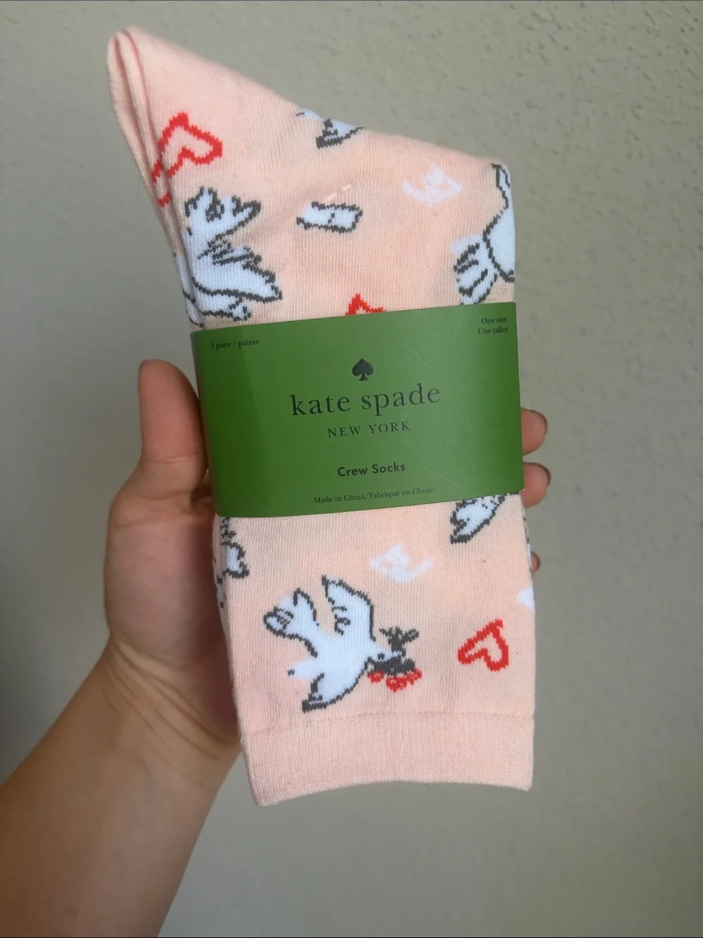 Kate Spade OS Crew Socks with Dove & Heart Motif Set of 3 NWT